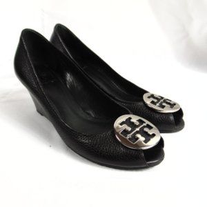 TORY BURCH Sally Tumbled Black Leather Peep Toe Wedge Heels Size 9